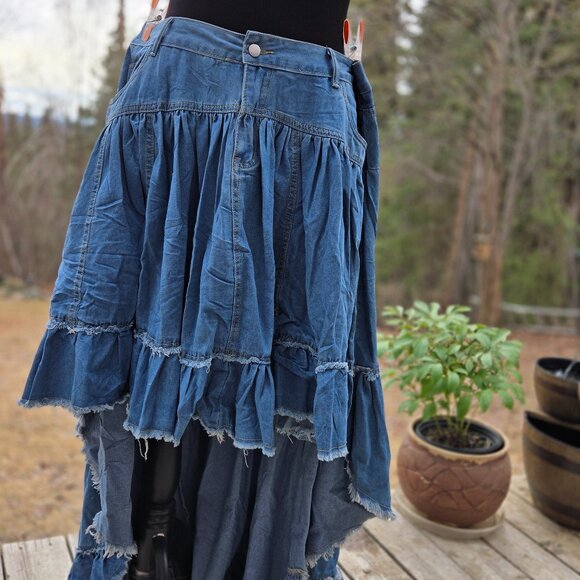 GOTH BOHEMIAN BLUE DENIM RUFFLE IRREGULAR HEM HIGH LOW SKIRT 2x 18 20 - Picture 2 of 16